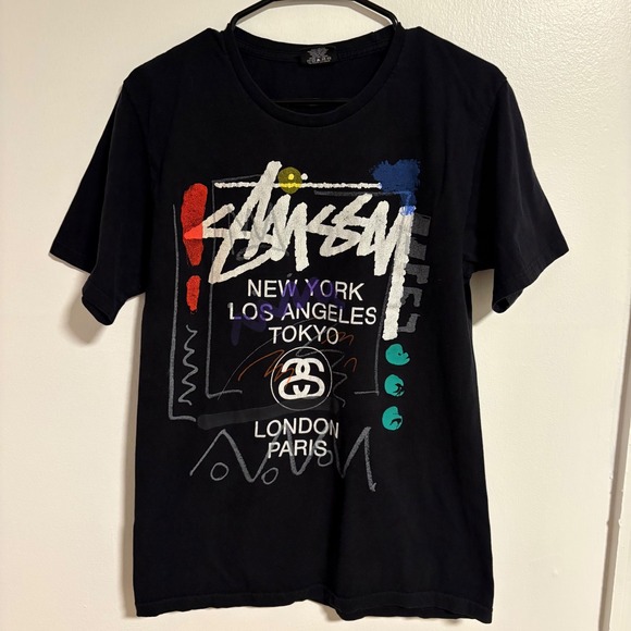 Stussy World Tour Scribble Graphic T-Shirt Mens Medium Black Short Sleeve Tee - Picture 2 of 9